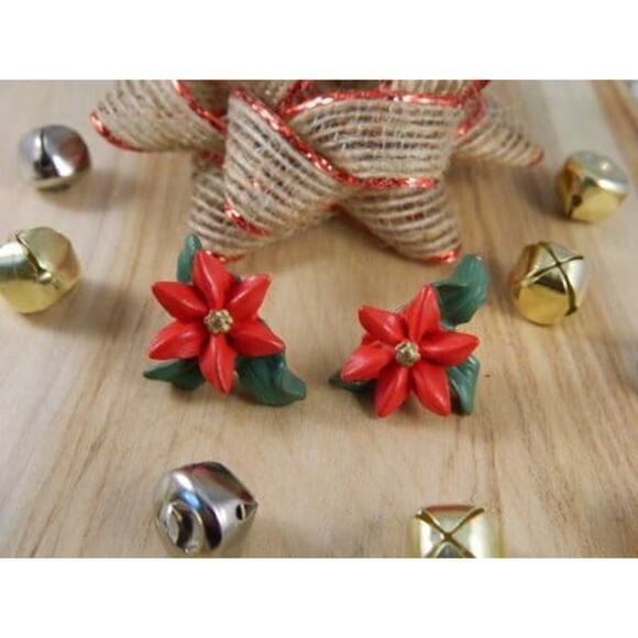Holiday Vintage Poinsettia Post Earrings, Vintage Christmas Earrings - Picture 1 of 5